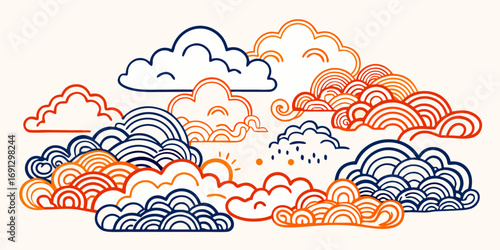 Illustration of stylized clouds in blue and orange with sun and rain details on a light background