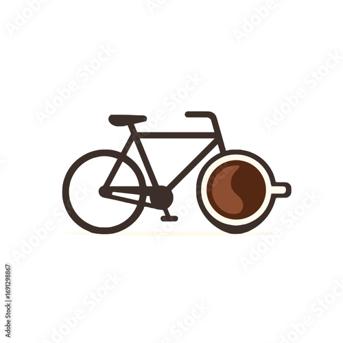Bicycle with coffee cup wheel in vector style, brown and white colors, unique coffee delivery concept on white background