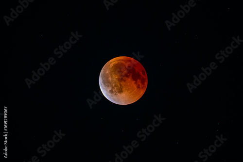 Blood moon during total lunar eclipse in dark night sky, red full moon astronomy phenomenon with stars, celestial space background for science, astrology and cosmic design