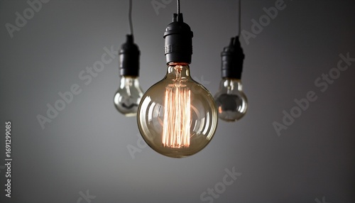 glowing lightbulb and dark metal pendants against gray background
