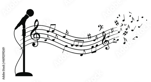 Microphone stands beside flowing musical notes, symbolizing the art of singing and sound.