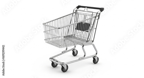 Empty silver metal shopping cart from an elevated view, symbolizing retail, e-commerce, and consumerism on an isolated transparent background.