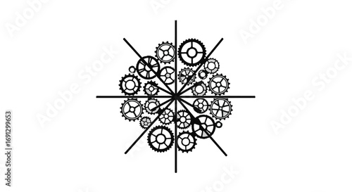 Intricate arrangement of diverse gears forming a mechanical sunburst on a clean white background