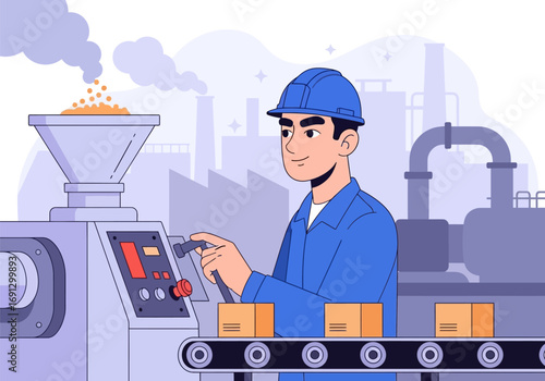 Male operator controlling an automated conveyor system on a factory production line. Industrial manufacturing and packaging vector illustration