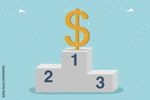 Growth of dollar currency, increasing income and wages, financial growth, improving economy, profitability of the investment portfolio, reduction in inflation, dollar sign on top of the podium.