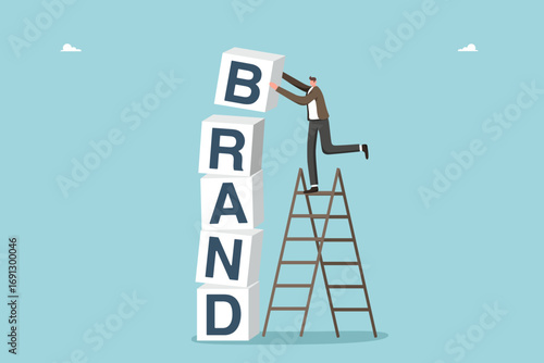 Businessman creates a brand, company personality development, successful marketing for business profitability and prosperity, creating a corporate identity and brand book, a man stacks cubes brand.