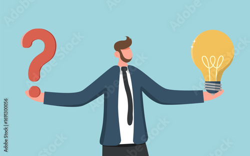 Finding creative ways to solve business problems, creativity or intelligence to generate new ideas or opportunities, thought process or logic to achieve goals, man holding light bulb and question mark