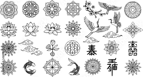 Set of Hand Drawn Oriental Elements. Black Mandala and Traditional Asian Design Vector Illustrations