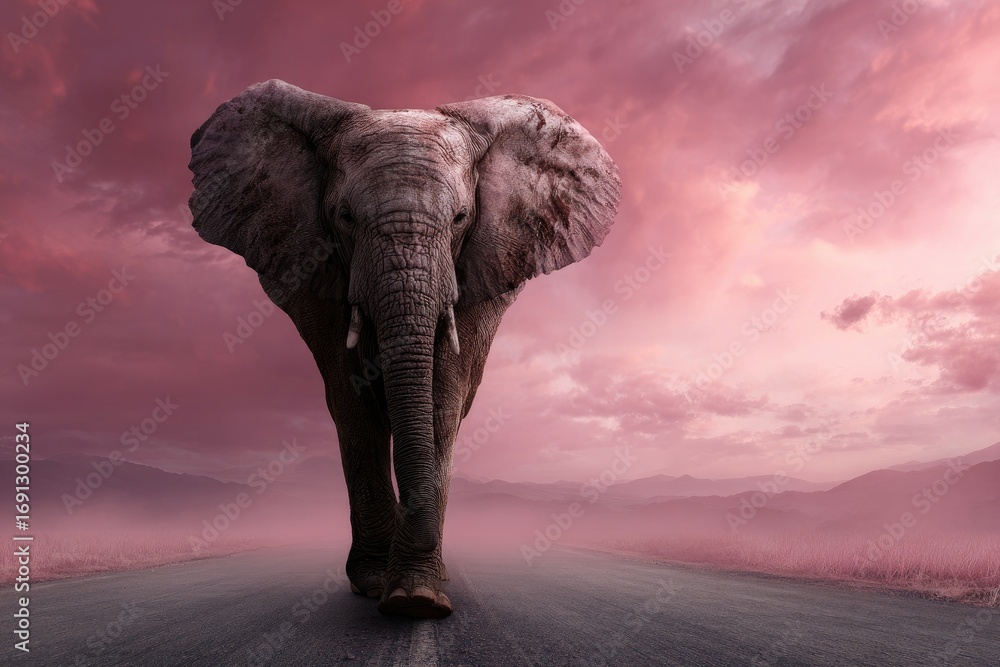 Obraz premium Majestic elephant on a dusty road at sunset