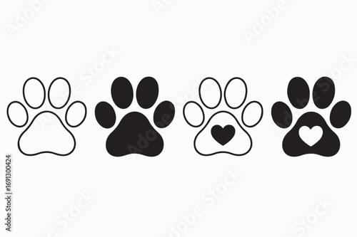 Set of four simple paw print icons, some filled, some outlined, with one outlined and one filled paw print featuring a heart