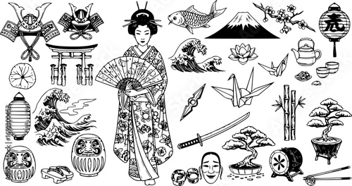 Japanese Doodle Set. Hand Drawn Traditional Japanese Cultural Elements and Vector Illustrations