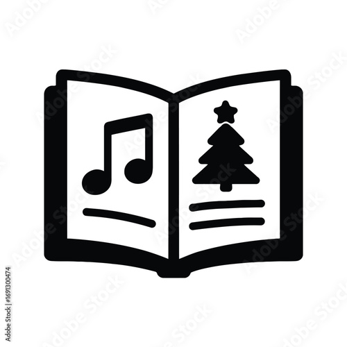 Open book with christmas tree and musical notes icon