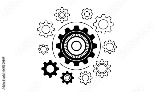 Gear icon vector set, black cogwheel vector collection, mechanical gear shapes, engineering symbols, industrial machinery, sprocket designs, abstract gearwheel graphics