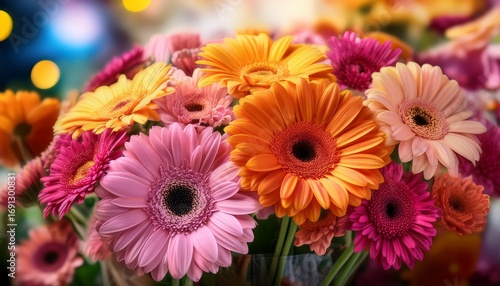gerbera bouquet with pink orange yellow flowers dark centers tightly arranged blurred background with other flowers in bright colorful atmosphere