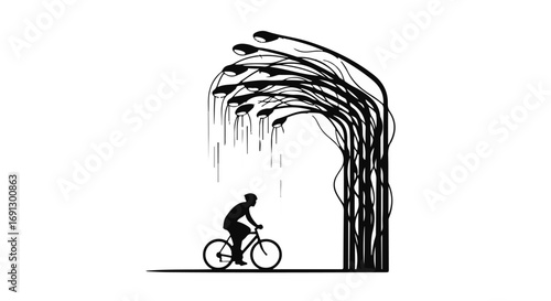 Lone cyclist rides beneath a canopy of abstract, weeping streetlights