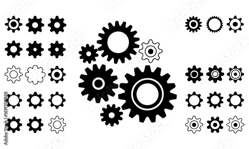 Gear icon vector set, black cogwheel vector collection, mechanical gear shapes, engineering symbols, industrial machinery, sprocket designs, abstract gearwheel graphics