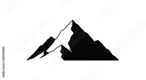 Dramatic silhouette of a snow-capped mountain peak against a stark white background.