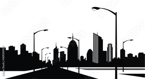 Urban cityscape silhouette with modern buildings and streetlights against a bright sky.