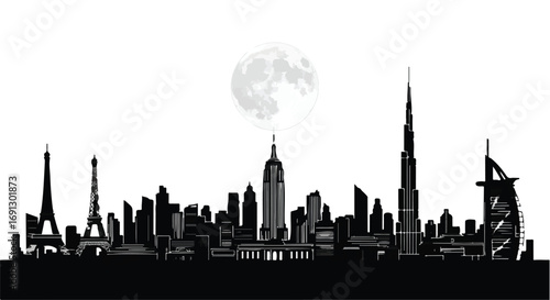 Iconic city skylines silhouette under a full moon, representing global urban grandeur and nighttime atmosphere.