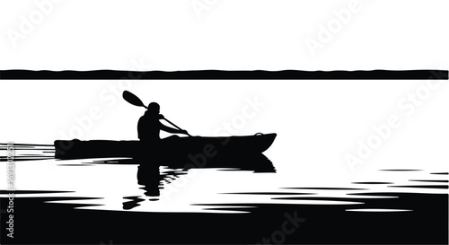 Silhouette of a person kayaking on calm water at sunrise, reflecting the peaceful morning.