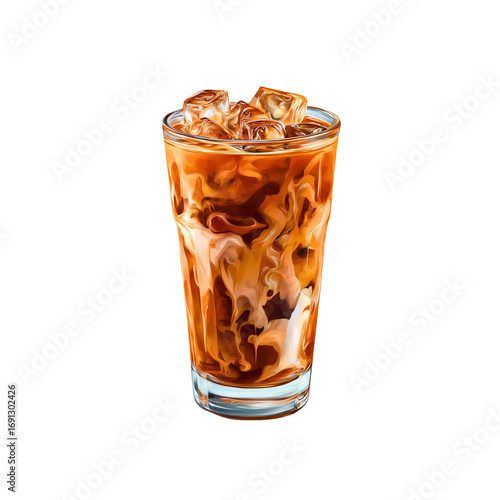 Iced coffee with milk swirling, filled with ice cubes transparent in tall glass