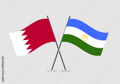 Bahrain and Bashkortostan vector flags in dynamic flat artwork