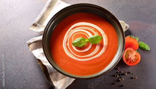 bowl of creamy tomato soup with swirl design on top