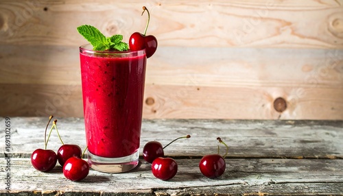 Cherry Smoothie on Rustic Wood