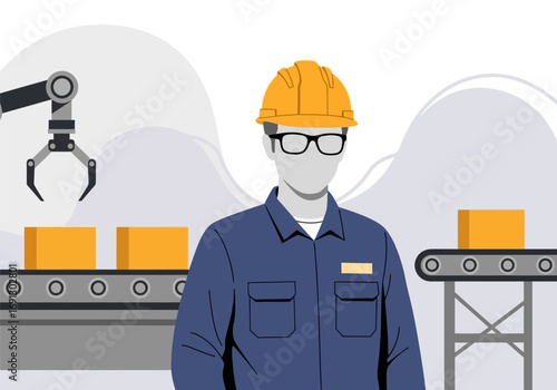 Industrial worker wearing safety gear overseeing automated production in a modern factory setting, embodying efficiency and future manufacturing