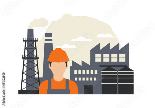 Illustration of a factory with a worker in the foreground, representing industrial production and labor