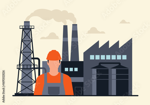Industrial Factory with Worker Illustration Symbolizing Manufacturing, Production, and Labor