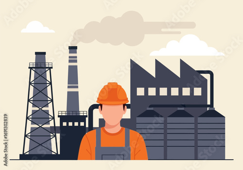 Engineer in Front of Industrial Factory Building with Smoke Emission Vector Illustration Concept