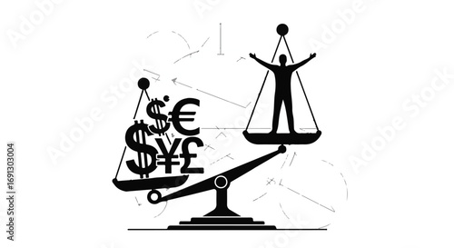 Balancing financial symbols with human well-being on a scale, representing economic prosperity and personal value.