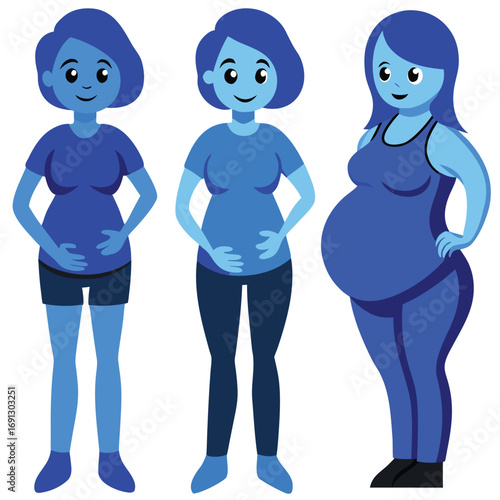 Three pregnant women showing stages of pregnancy simple flat design blue tones