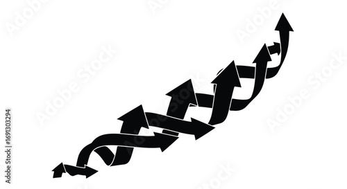 Black arrows intertwining and moving upwards, symbolizing progress and complex direction.