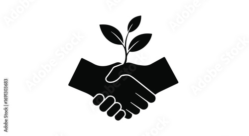 Symbol of partnership and growth with a plant emerging from shaking hands