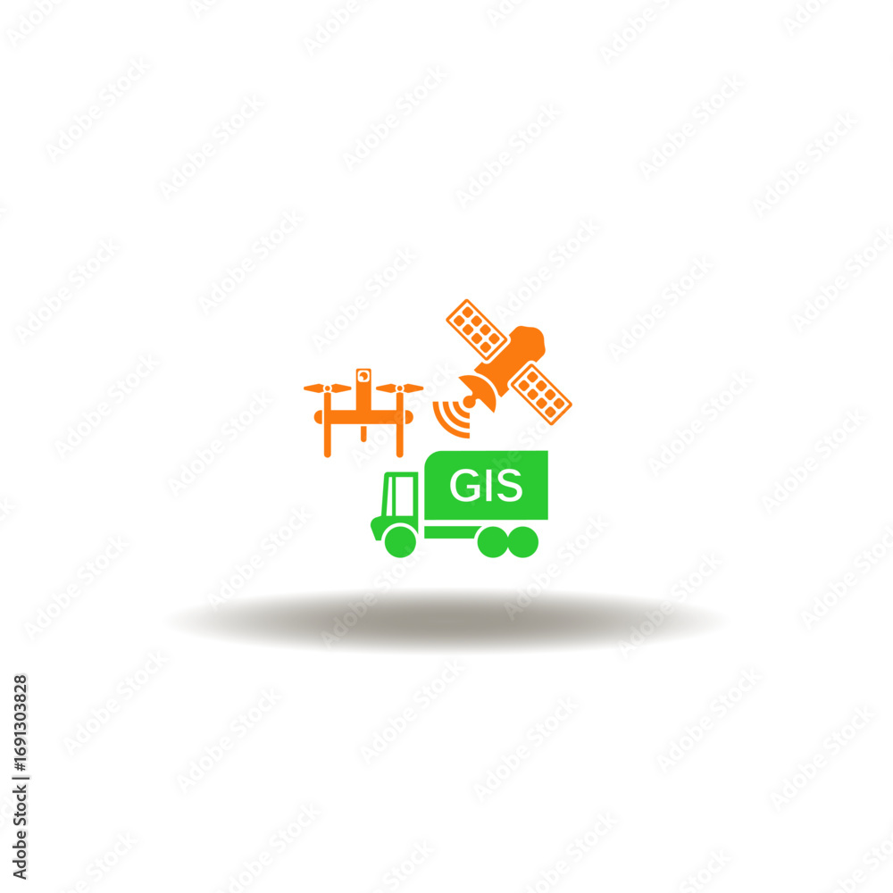 Obraz premium Vector illustration of truck with GIS acronym, drone and satellite. Symbol of GIS Geographical Information System tech.