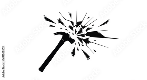 Hammer striking glass, creating explosive shattered fragments in a dynamic burst.