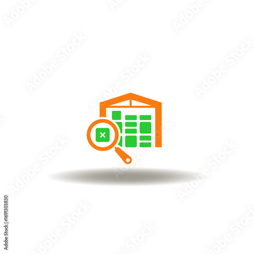 Vector illustration of warehouse with magnifying glass. Icon of warehouse inventory. Symbol of goods storage stocktaking.