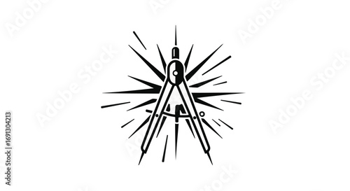 Classic drawing compass radiating light, symbolizing creativity and precision