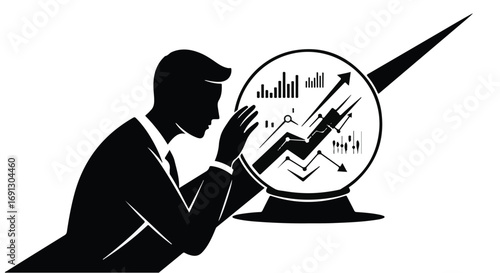 Businessman peering into a crystal ball showing upward trending financial charts, symbolizing future success and growth.