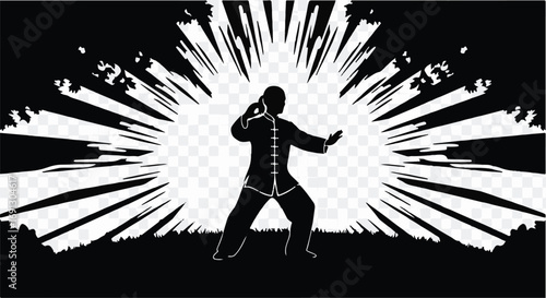 Silhouette of a person practicing martial arts with dynamic energy burst behind them