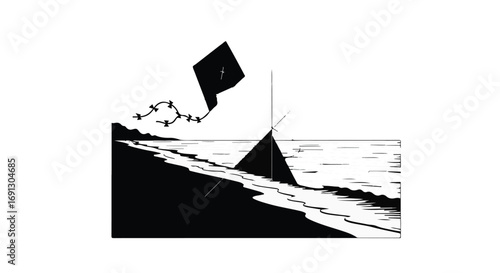 A solitary kite dances against a stark, graphic seascape with abstract geometric shapes.