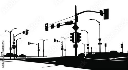 Urban intersection with multiple traffic lights and streetlights casting shadows on a bright day