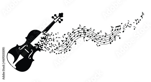 Violin transforming into a flowing stream of musical notes, symbolizing the magic of music.