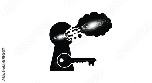 Key unlocking a portal to the cosmos, revealing galaxies and stardust