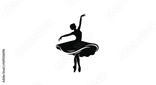 Elegant ballerina in silhouette performing a graceful dance move with flowing skirt and outstretched arms.