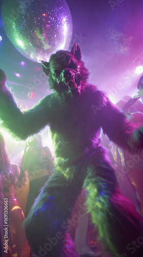person in werewolf costume dancing at halloween party with disco lights