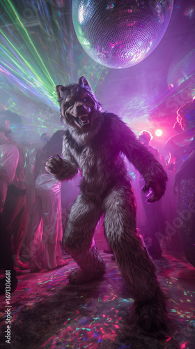 man in werewolf costume dancing at halloween party with disco lights