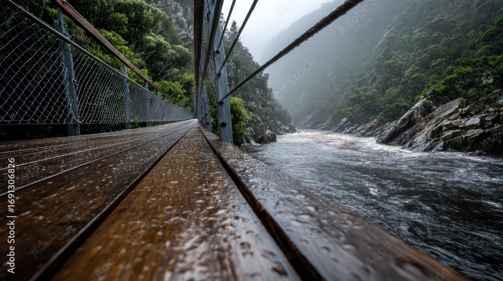 Obraz premium Rainy day wooden walkway over river